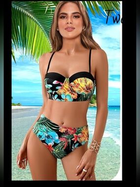 Tropical Floral Underwire Bikini Set in Black with Green & Multicolor Print